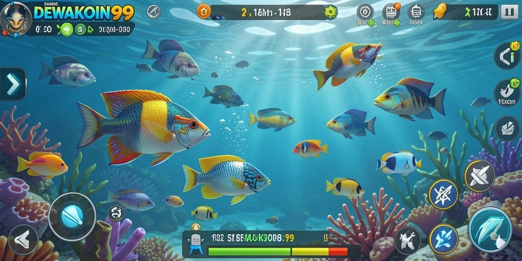 Tampilan gameplay seru dalam DEWAKOIN99 saat berburu ikan.