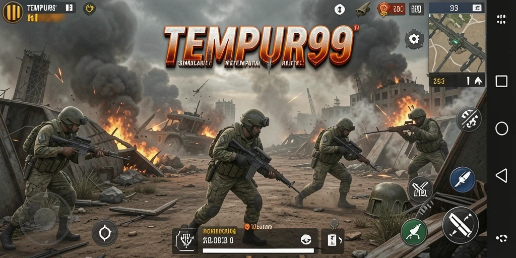 Screenshot gameplay TEMPUR99 menampilkan aksi pertempuran yang mendebarkan.